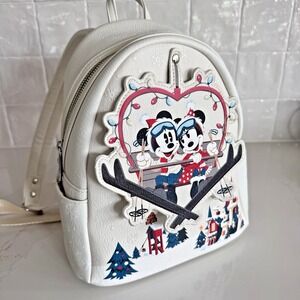 Disney Loungefly Mickey Minnie Ski Lodge Mini Backpack‎ Unisex White Winter